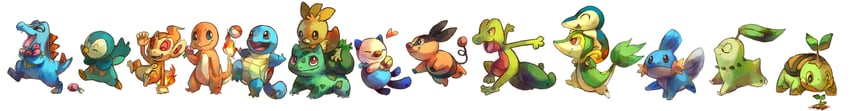 piplup, bulbasaur, oshawott, squirtle, snivy, and 9 more (pokemon) drawn by bluekomadori