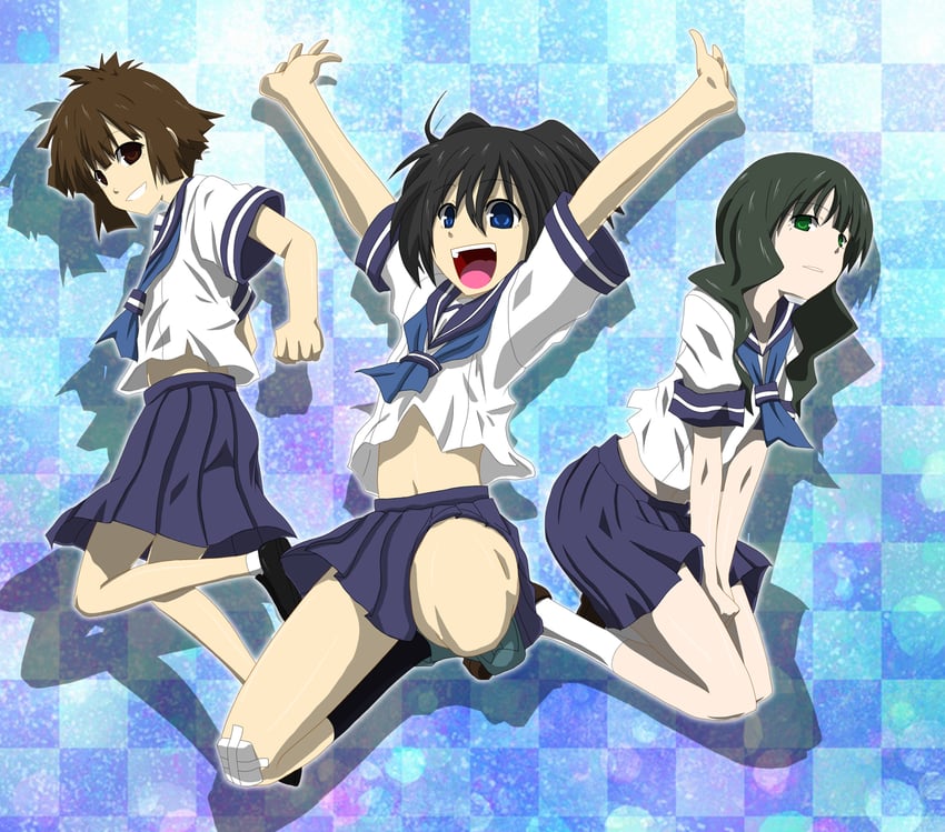 kuroi mato, takanashi yomi, and koutari yuu (black rock shooter) drawn by watarui