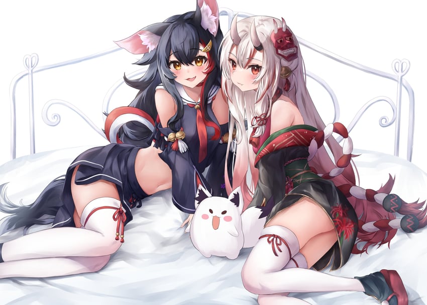 ookami mio, nakiri ayame, and fubuzilla (hololive) drawn by una_hirag