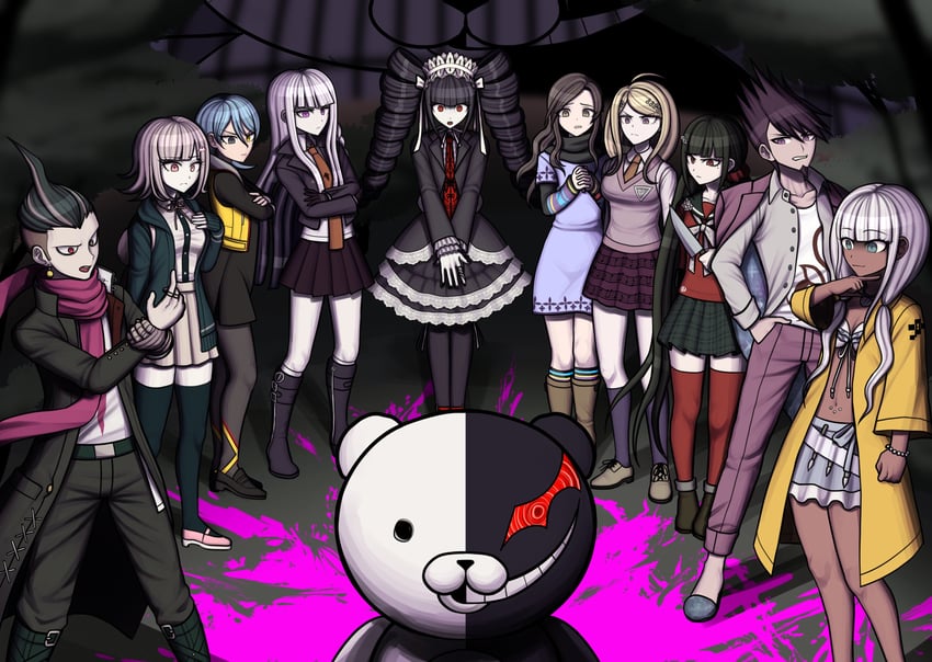 nanami chiaki, akamatsu kaede, kirigiri kyoko, harukawa maki, monokuma, and 6 more (danganronpa and 7 more) drawn by fulltimeangel13