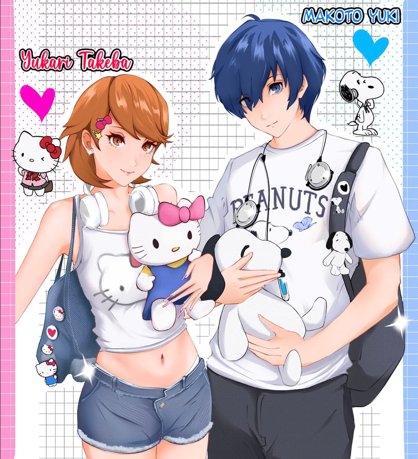 yuuki makoto, takeba yukari, hello kitty, and snoopy (persona and 4 more) drawn by canoeflip