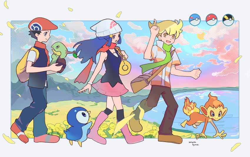 dawn, piplup, lucas, barry, turtwig, and 1 more (pokemon and 1 more) drawn by valentine_(02140314c)