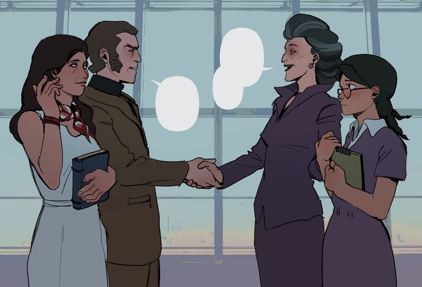 miss pauling, caroline, cave johnson, and administrator (team fortress 2 and 2 more) drawn by oblique-lane