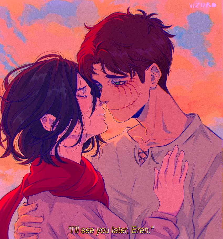 mikasa ackerman and eren yeager (shingeki no kyojin) drawn by viziiro