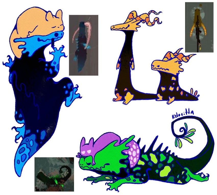 spearmaster, gourmand, green lizard, blue lizard, noodlefly, and 1 more (rain world) drawn by kelocitta