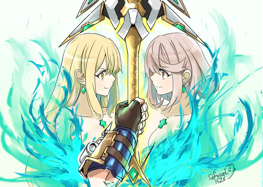 pyra, mythra, and rex (xenoblade chronicles and 2 more) drawn by sofusan1526