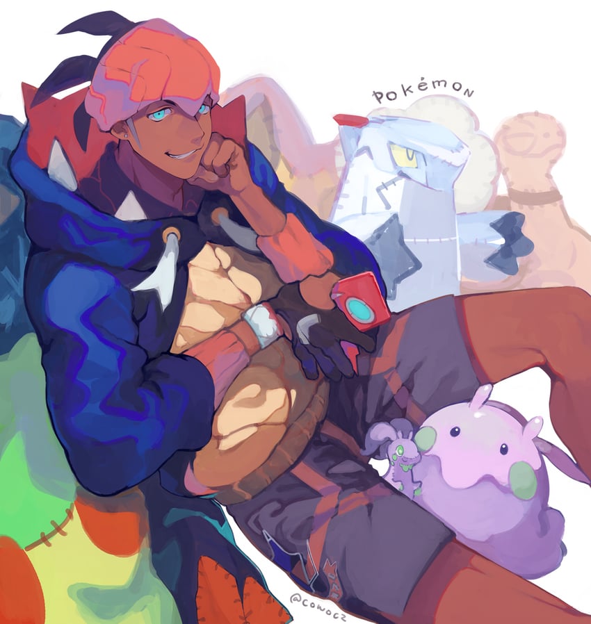 rotom, raihan, rotom phone, goomy, goodra, and 2 more (pokemon and 1 more) drawn by tetsu_(teppei)