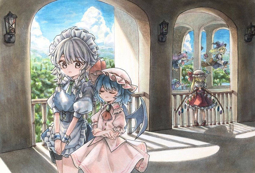 kirisame marisa, remilia scarlet, flandre scarlet, izayoi sakuya, patchouli knowledge, and 1 more (touhou) drawn by hisako_(6anmbblfnjueeff)