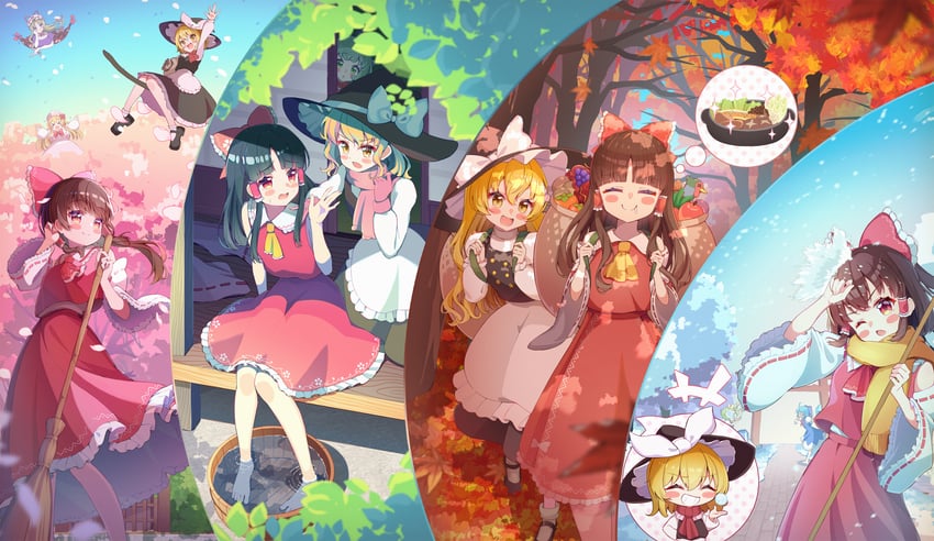 hakurei reimu, kirisame marisa, cirno, yakumo yukari, daiyousei, and 2 more (touhou) drawn by rappi