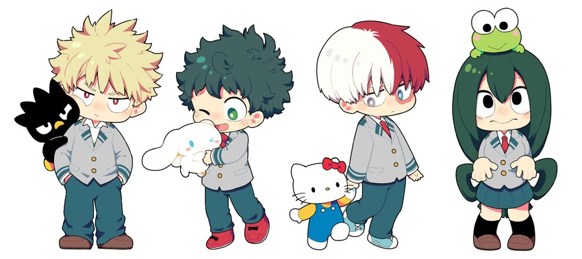 midoriya izuku, bakugou katsuki, todoroki shoto, asui tsuyu, cinnamoroll, and 3 more (boku no hero academia and 4 more) drawn by uppi