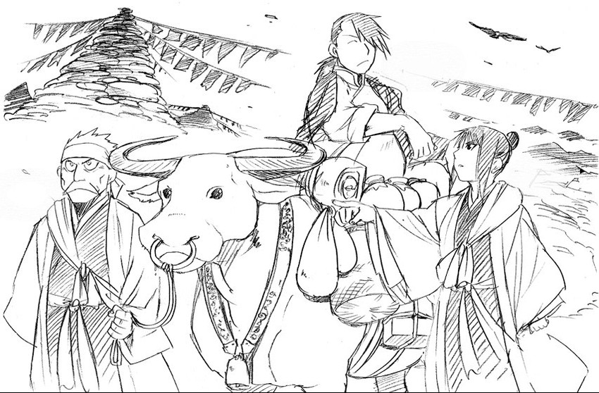 ling yao, lan fan, and fu (fullmetal alchemist) drawn by arakawa_hiromu