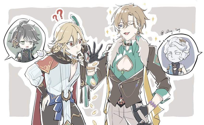 aventurine, alhaitham, kaveh, and dr. ratio (genshin impact and 3 more) drawn by oh_qing_yang