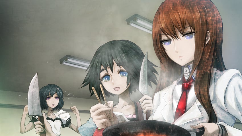 makise kurisu, shiina mayuri, and urushibara luka (steins;gate) drawn by huke
