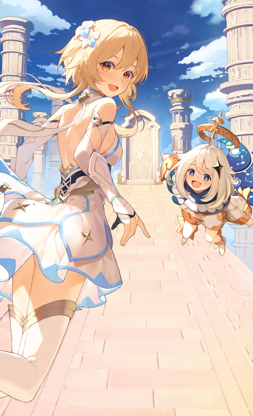 lumine and paimon (genshin impact) drawn by akae_neo