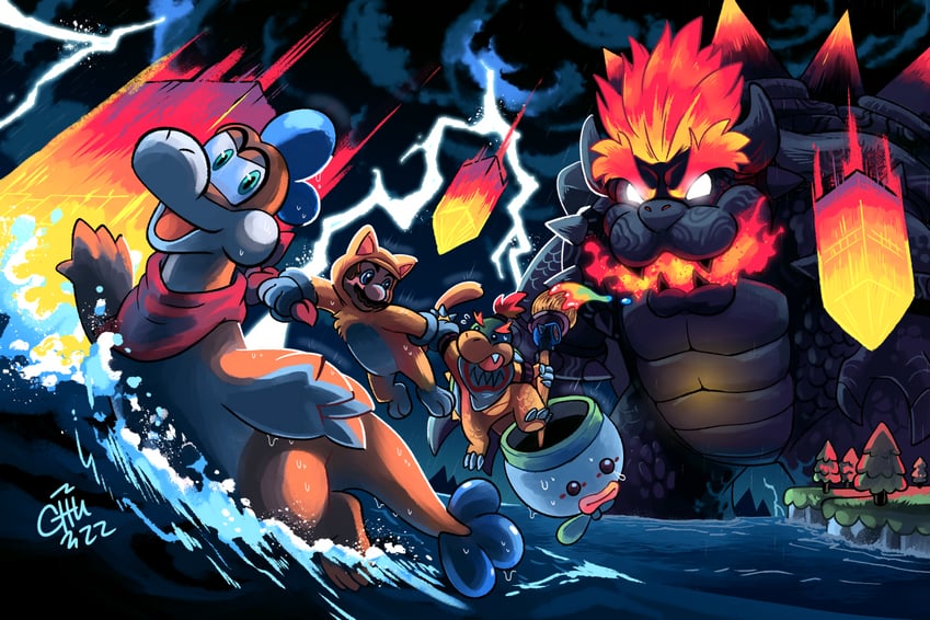 mario, bowser, bowser jr., junior clown car, cat mario, and 2 more (mario and 2 more) drawn by chu_(raizap)