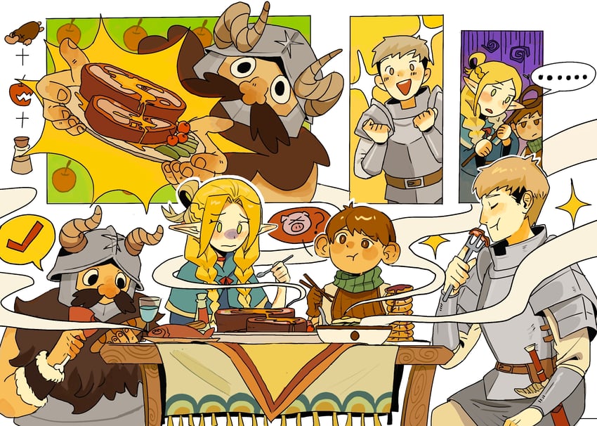 marcille donato, laios touden, senshi, and chilchuck tims (dungeon meshi) drawn by mei6722054