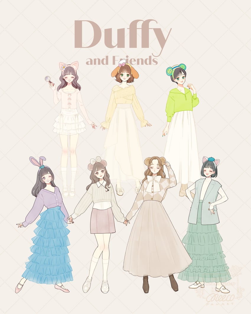 duffy the disney bear, shelliemay, stellalou, gelatoni, cookieann, and 2 more (duffy and friends) drawn by meecosme