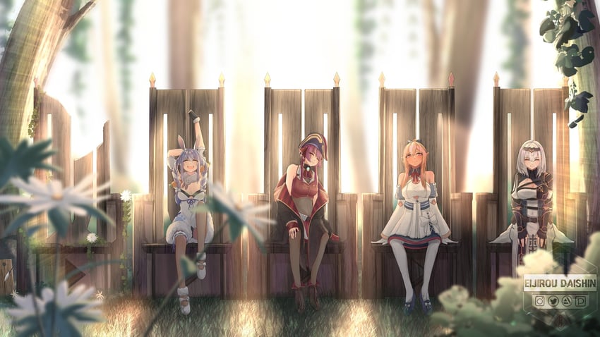 houshou marine, usada pekora, shirogane noel, shiranui flare, and don-chan (hololive) drawn by enoshiro