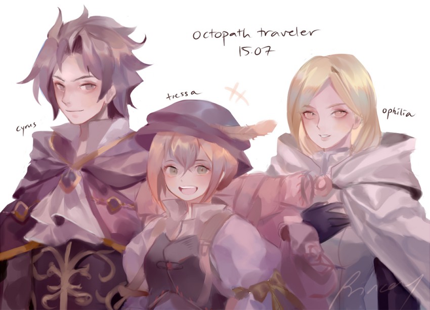 tressa colzione, ophilia clement, and cyrus albright (octopath traveler and 1 more) drawn by aubz