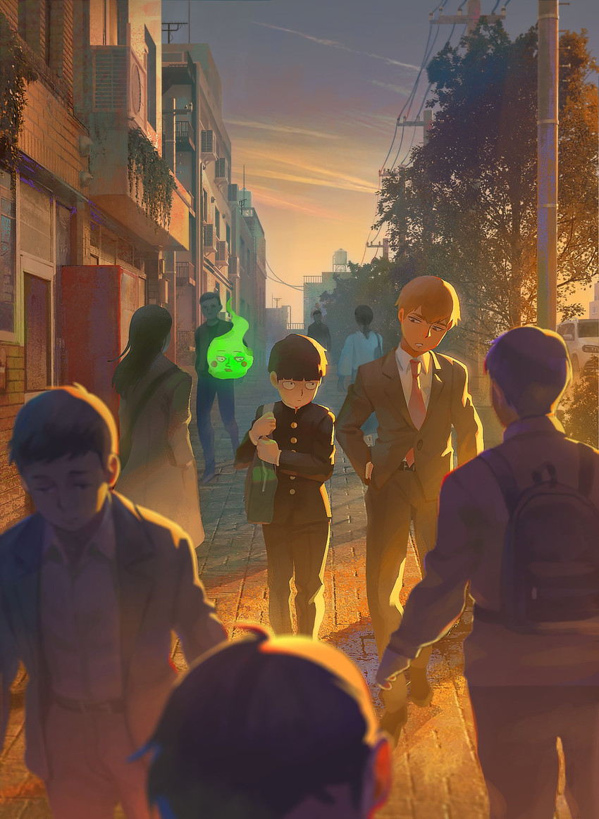 kageyama shigeo, reigen arataka, and ekubo (mob psycho 100) drawn by meipu_hm