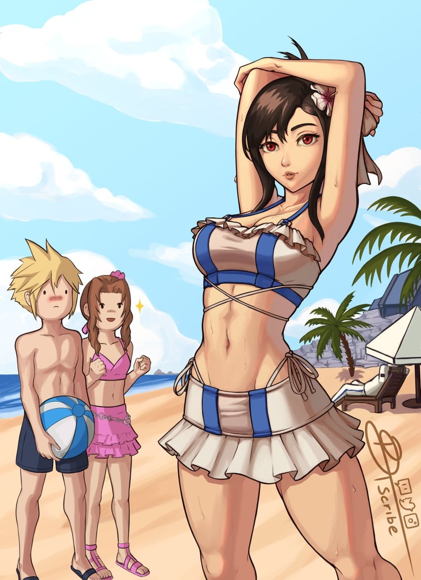 tifa lockhart, cloud strife, aerith gainsborough, and barret wallace (final fantasy and 3 more) drawn by dtscribe