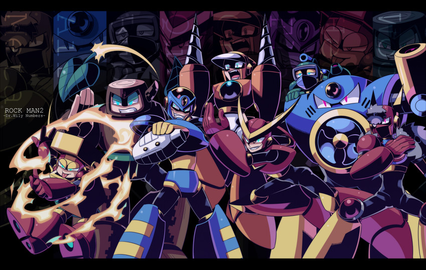 quick man, metal man, air man, flash man, crash man, and 3 more (mega man and 1 more) drawn by tsubasuke