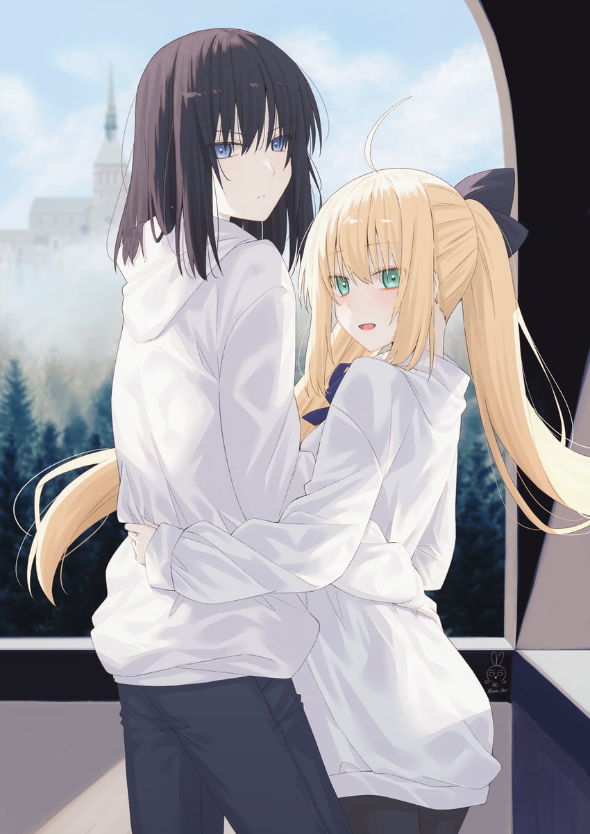 artoria pendragon, artoria caster, and oberon (fate and 1 more) drawn by aro_1801