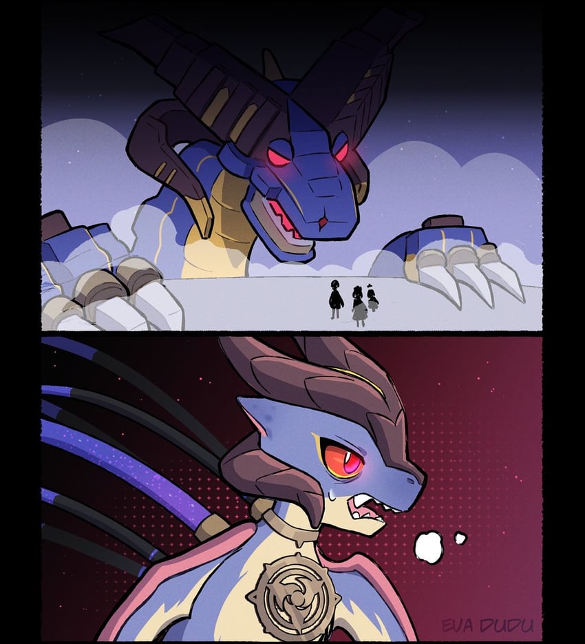 lumine, scaramouche, paimon, and mini durin (genshin impact) drawn by kakaolikeslegs