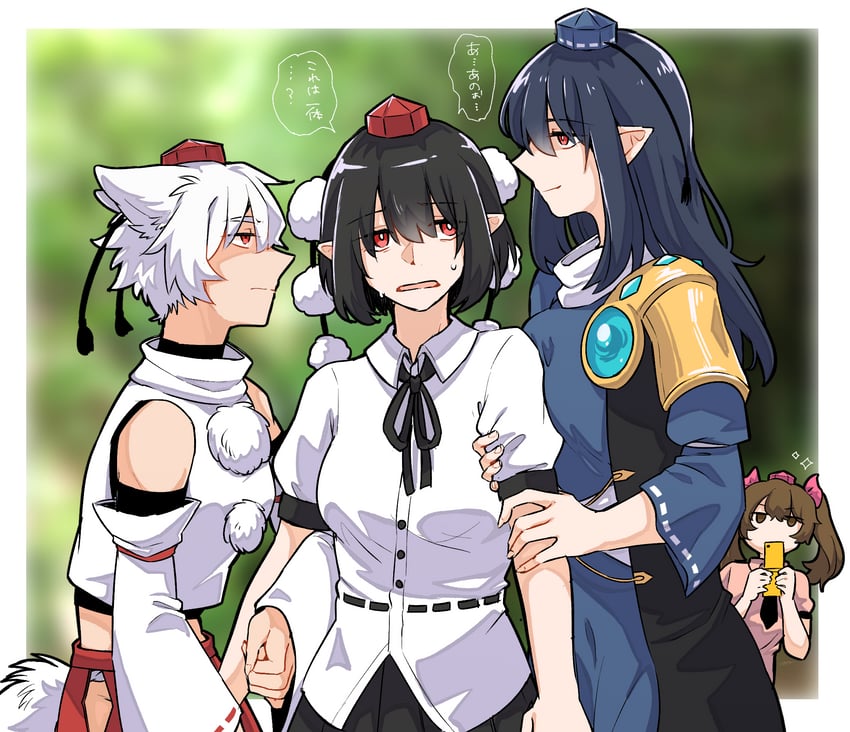 shameimaru aya, inubashiri momiji, himekaidou hatate, and iizunamaru megumu (touhou) drawn by min.k