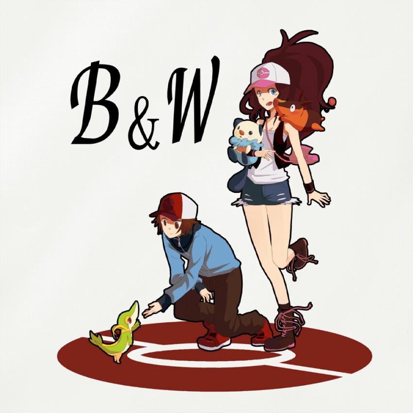 hilda, hilbert, oshawott, snivy, and tepig (pokemon and 1 more) drawn by hyuuga_toki
