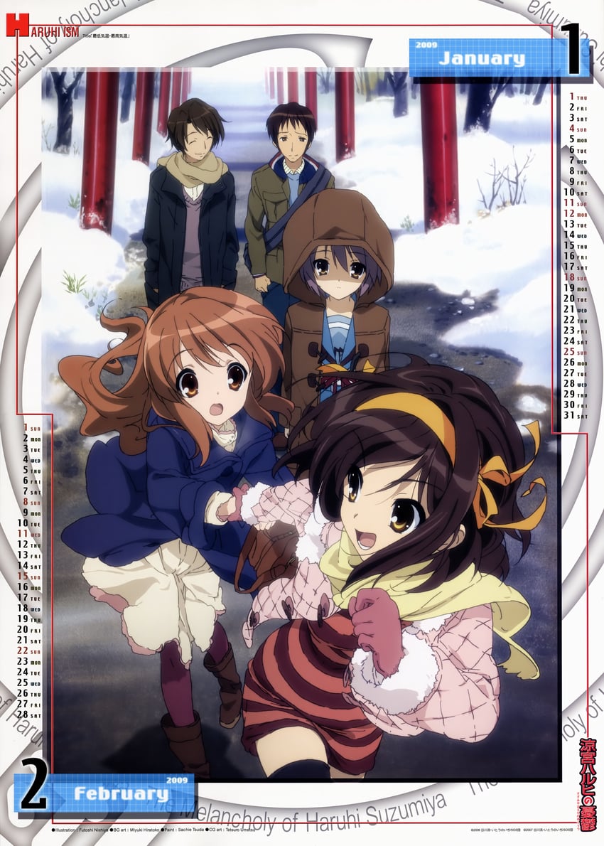 suzumiya haruhi, nagato yuki, asahina mikuru, kyon, and koizumi itsuki (suzumiya haruhi no yuuutsu) drawn by nishiya_futoshi