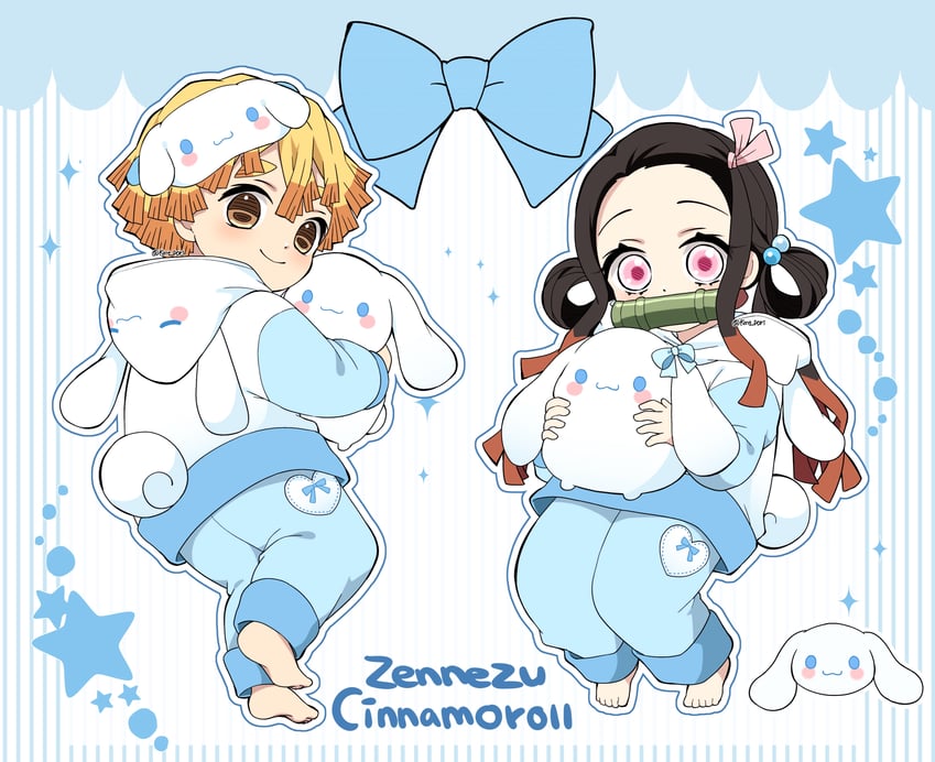kamado nezuko, cinnamoroll, and agatsuma zenitsu (kimetsu no yaiba and 2 more) drawn by pori_(kmt_pori)