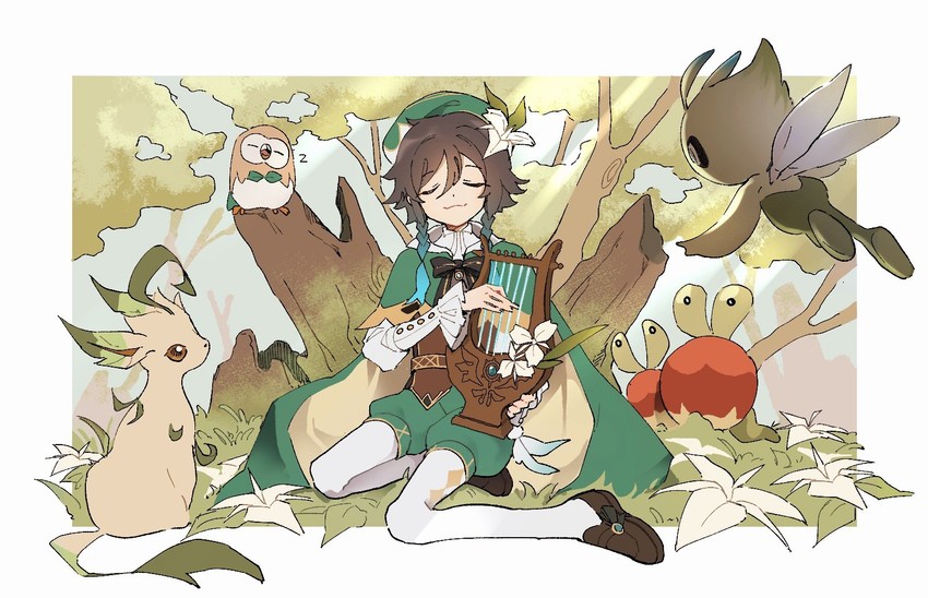 venti, rowlet, leafeon, celebi, and applin (pokemon and 1 more) drawn by nbb3