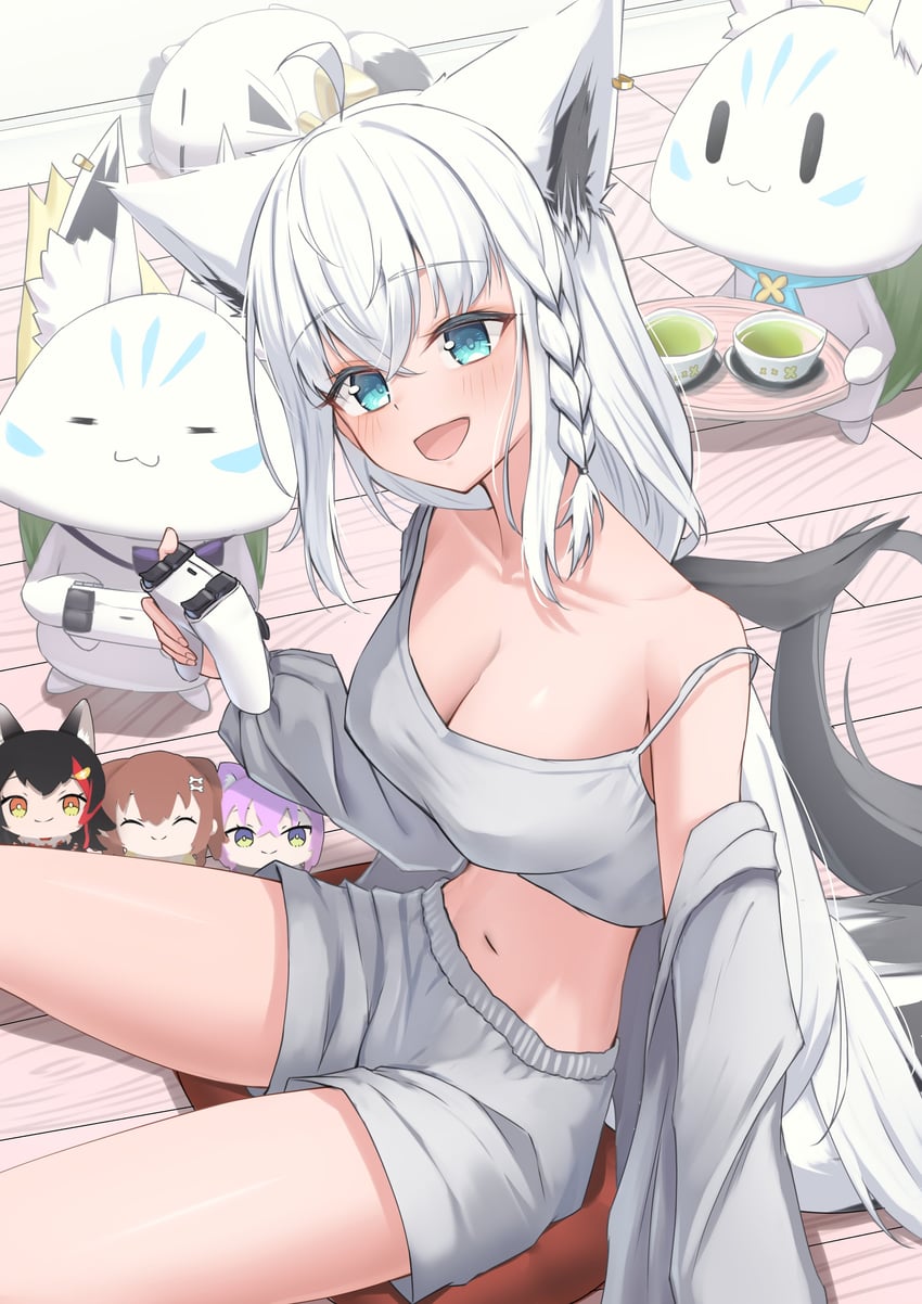 shirakami fubuki, nekomata okayu, ookami mio, inugami korone, sukonbu, and 1 more (hololive) drawn by kirimoya