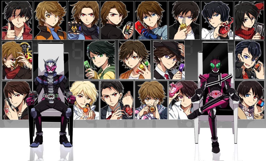 kamen rider decade, kamen rider zi-o, hidari shoutarou, philip, kivat-bat iii, and 17 more (kamen rider and 20 more) drawn by yoshino_(gunform)