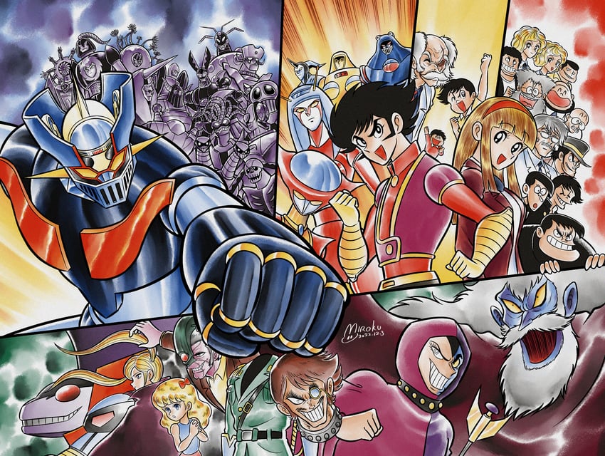 mazinger z, yumi sayaka, kabuto kouji, aphrodai a, venus a, and 28 more (mazinger and 1 more) drawn by miroku_(miroku_t) and nagai_gou