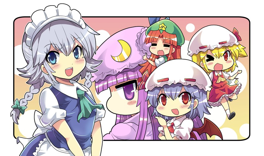 remilia scarlet, flandre scarlet, izayoi sakuya, patchouli knowledge, and hong meiling (touhou) drawn by colonel_aki