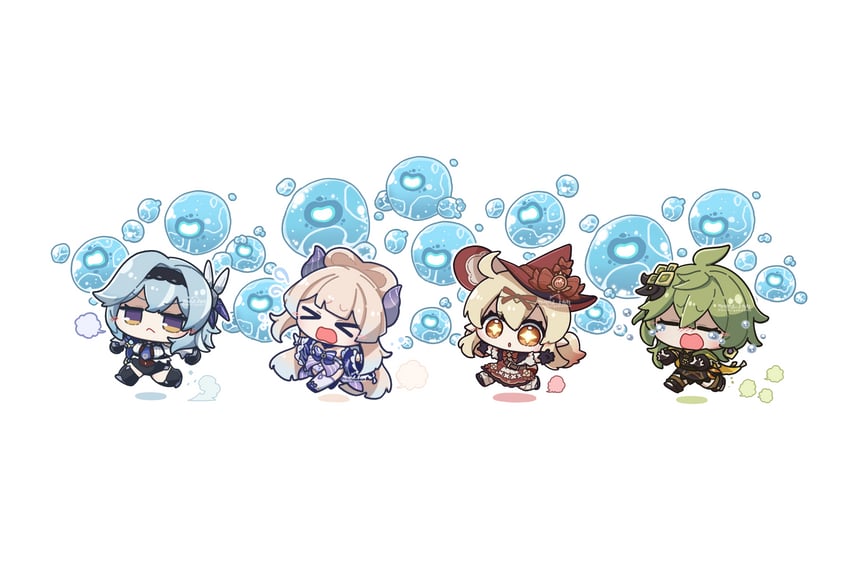 eula, sangonomiya kokomi, collei, klee, and hydro eidolon (genshin impact) drawn by arikuigames1105