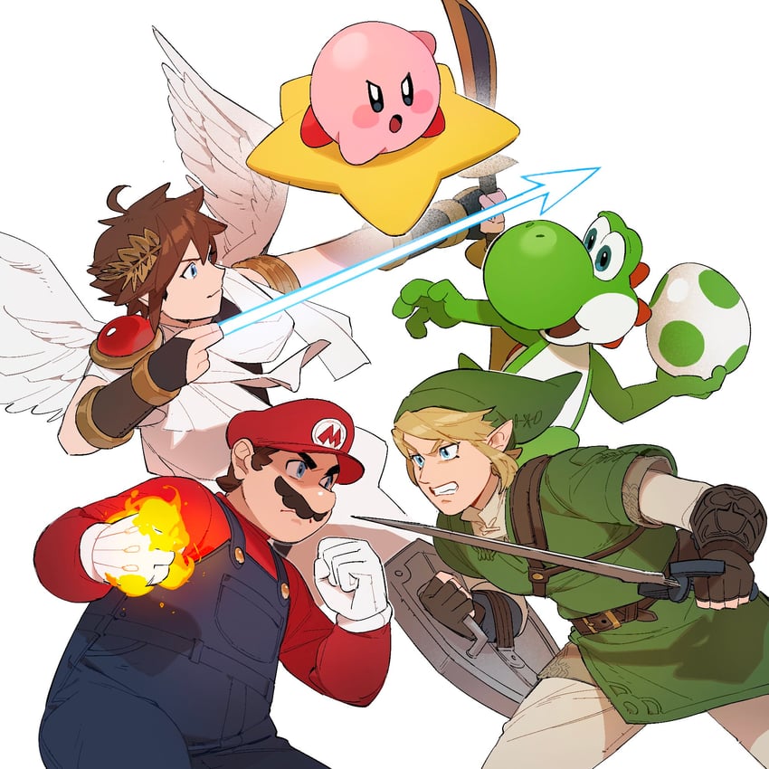 link, kirby, mario, pit, and yoshi (the legend of zelda and 5 more) drawn by ssuregigame