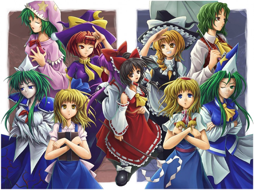 hakurei reimu, kirisame marisa, alice margatroid, kazami yuuka, shanghai doll, and 2 more (touhou and 1 more) drawn by koto_tsubane