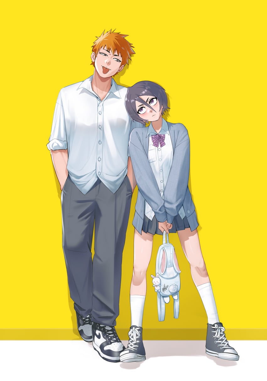 kuchiki rukia and kurosaki ichigo (bleach) drawn by waligner