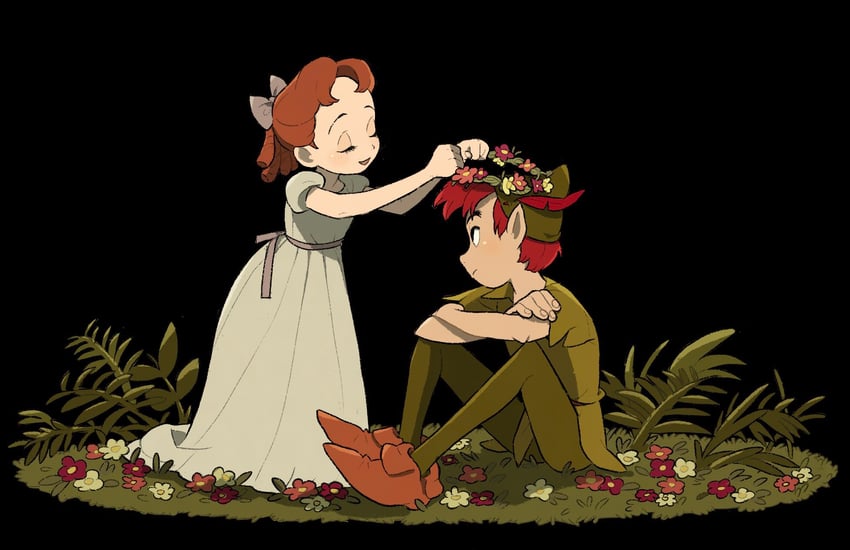peter pan and wendy darling (walt disney's peter pan) drawn by kumao_(uexxww)