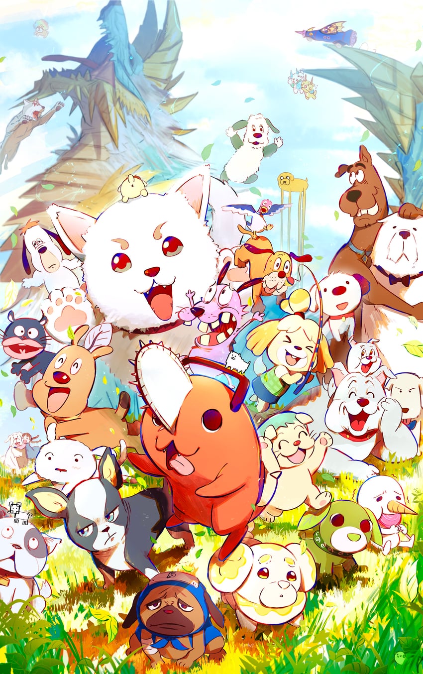 pochita, isabelle, bond, iggy, pompompurin, and 22 more (pokemon and 25 more) drawn by hamachamu