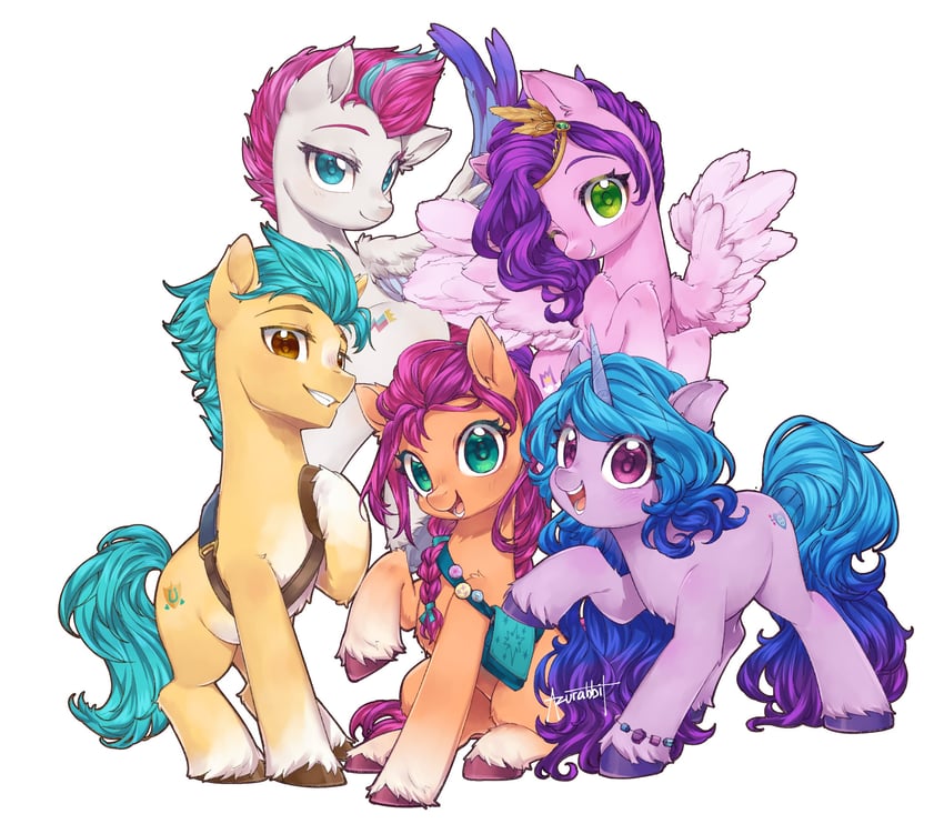 izzy moonbow, sunny starscout, pipp petals, zipp storm, and hitch trailblazer (my little pony and 1 more) drawn by miomawla