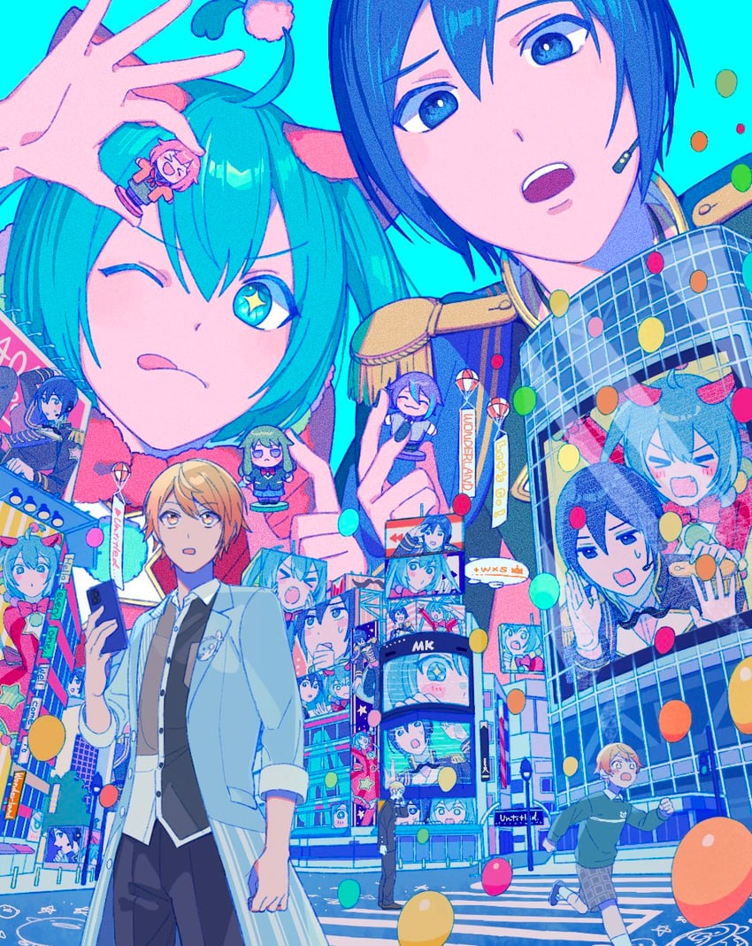 hatsune miku, kaito, ootori emu, tenma tsukasa, kusanagi nene, and 3 more (vocaloid and 1 more) drawn by kachix2purin