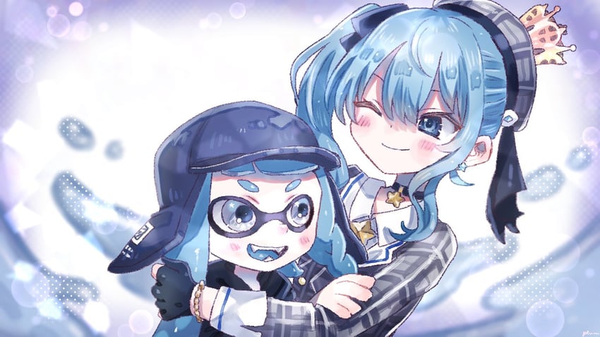 inkling player character, inkling girl, and hoshimachi suisei (hololive and 1 more) drawn by plum0o0