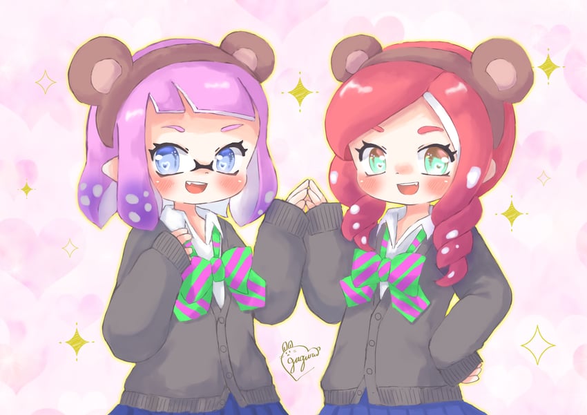 inkling player character, inkling girl, octoling player character, and octoling girl (splatoon) drawn by ura_guru