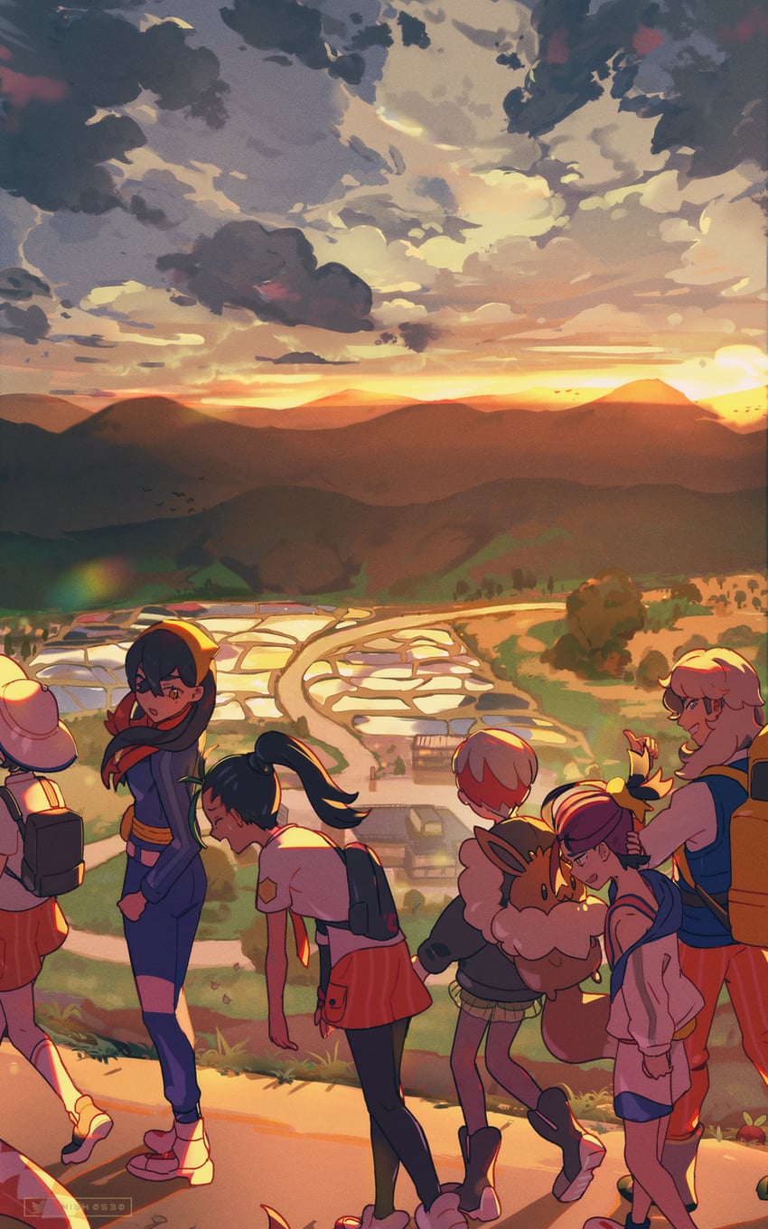 eevee, kieran, juliana, carmine, nemona, and 2 more (pokemon and 1 more) drawn by hsin
