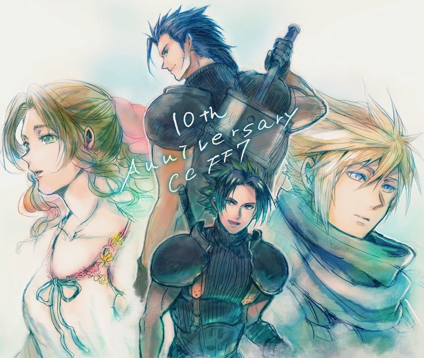 cloud strife, aerith gainsborough, and zack fair (final fantasy and 2 more) drawn by 2b_fff