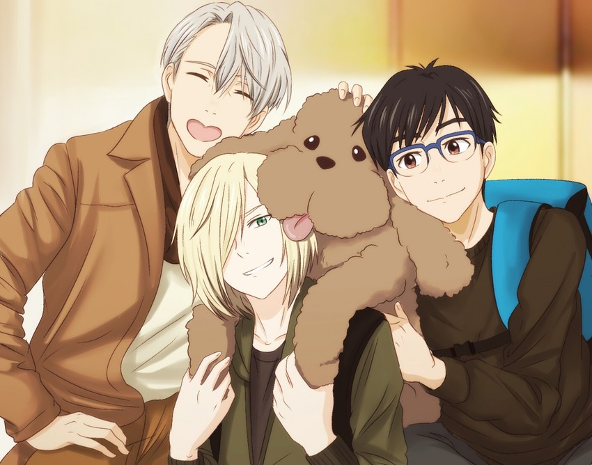 katsuki yuuri, viktor nikiforov, yuri plisetsky, and makkachin (yuri!!! on ice) drawn by cubisticking